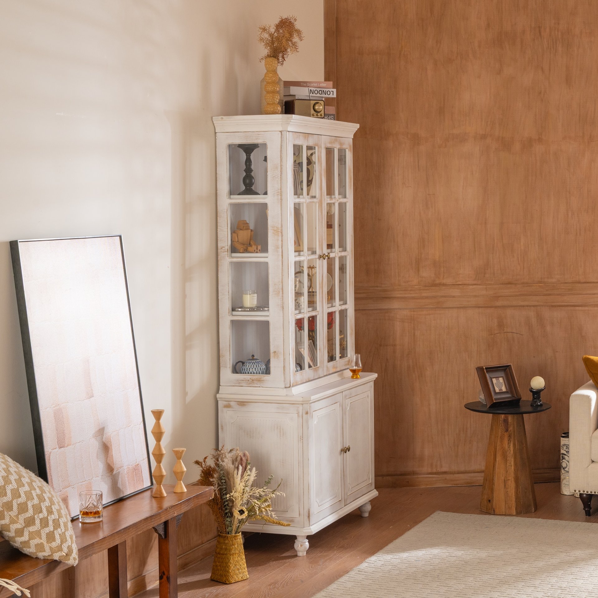 Vintage Display Cabinet With Double Glass Doors, Traditional Style Hutch For Home Or Workspace Washed - White Washed - Image 7