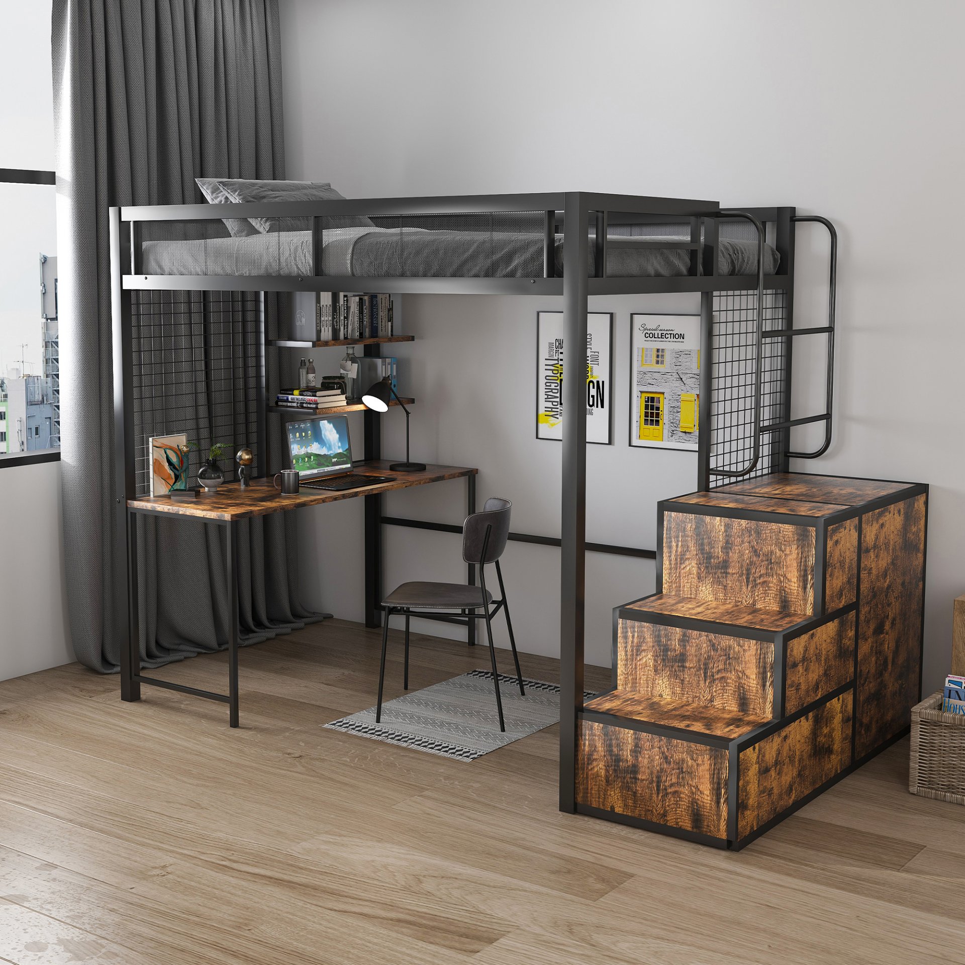 Heavy Duty Full Loft Bed With Desk & USB Charging Metal Frame With Storage Drawers And Staircase - Black - Image 2