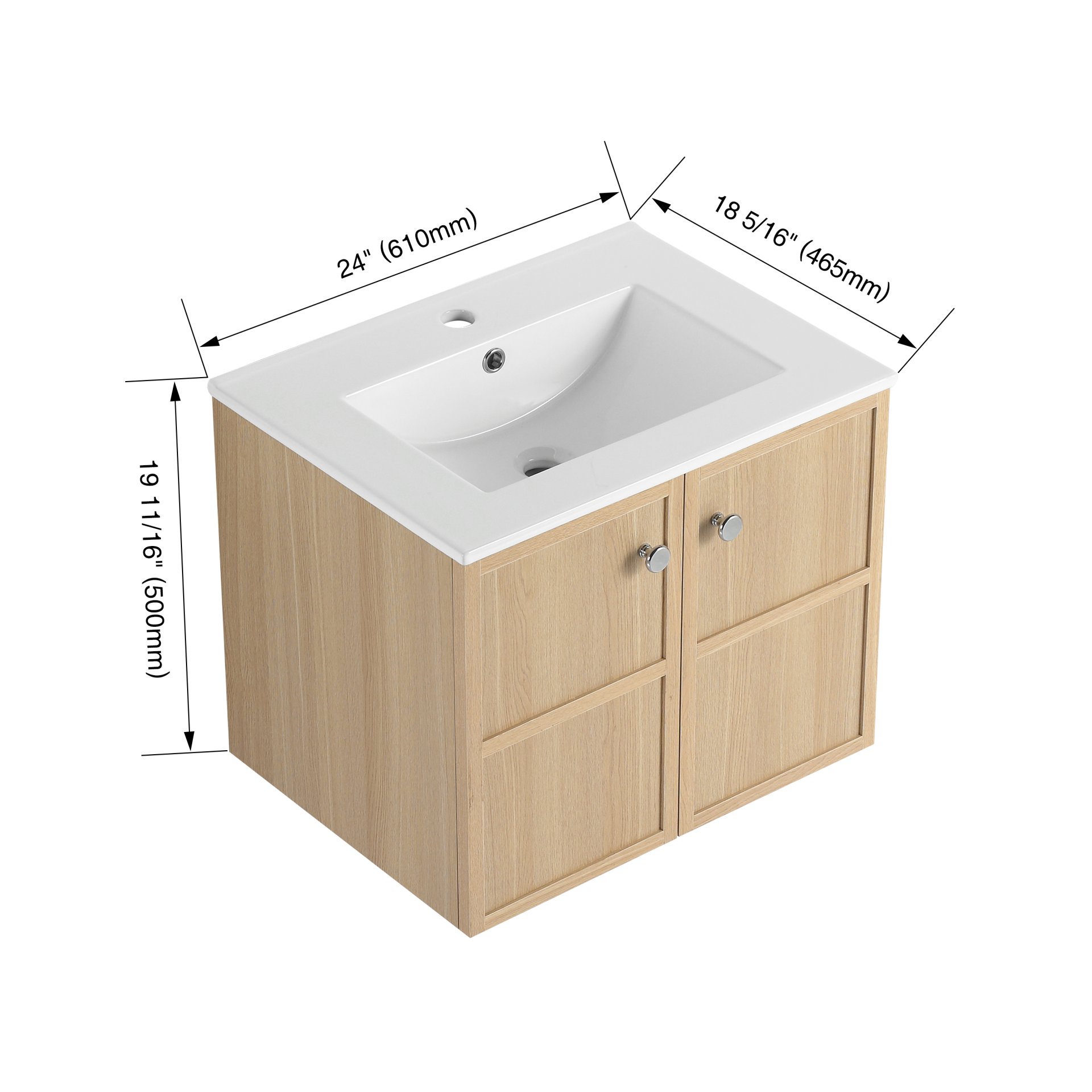 24" Wall Mounted Bathroom Vanity With Ceramic Sink And 2 Soft Closing Doors - Oak - Image 3