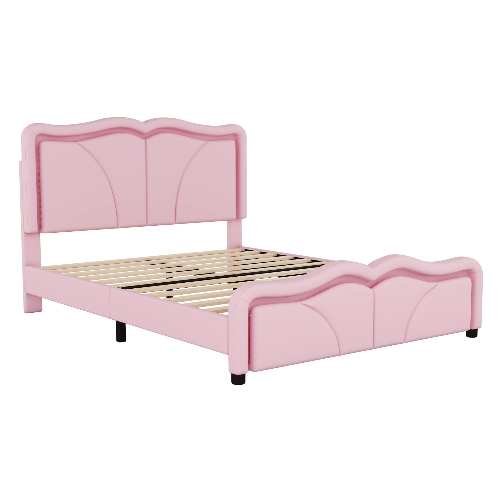 Full Size Upholstered Platform Bed With Curve Shaped And Height Adjustable Headboard, LED Light Strips - Pink - Image 5
