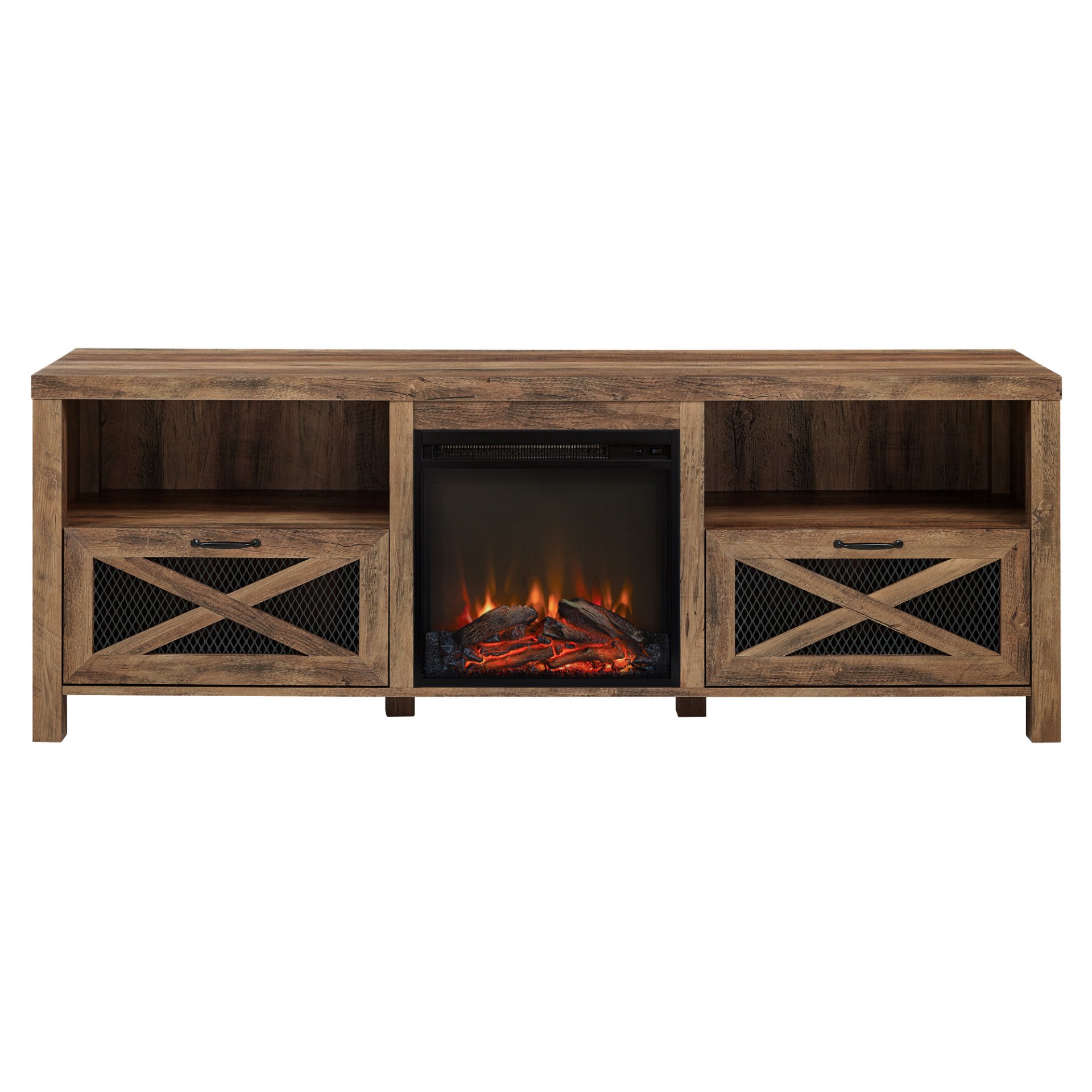 Industrial Farmhouse Metal Mesh Drop Down X Door 70" Fireplace TV Stand For 80" TVs - Rustic Oak - Image 4