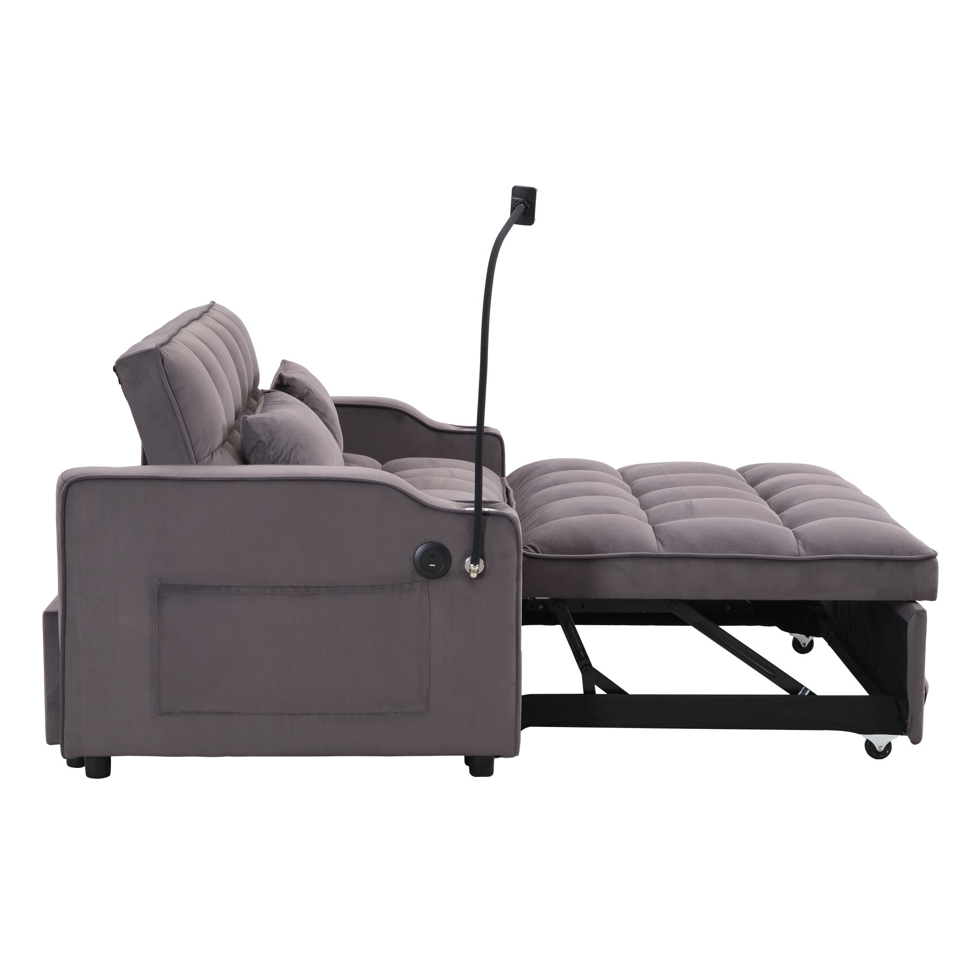 Contemporary Velvet Sofa Bed With Trundle - Charcoal Gray - Image 14