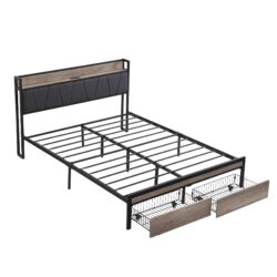 Full Size Modern Metal Platform Bed Frame With Upholstered Headboard, USB Liner, And Storage Drawers - Black / Gray