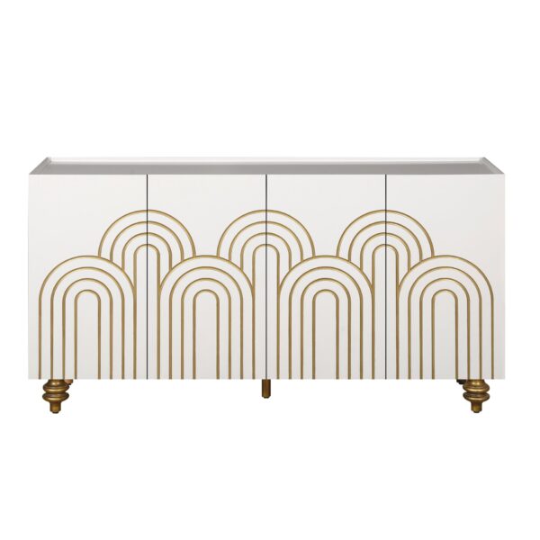 Modern Fluted Sideboard Buffet With Storage, Curve Element, 4 Doors With Adjustable Shelves - White
