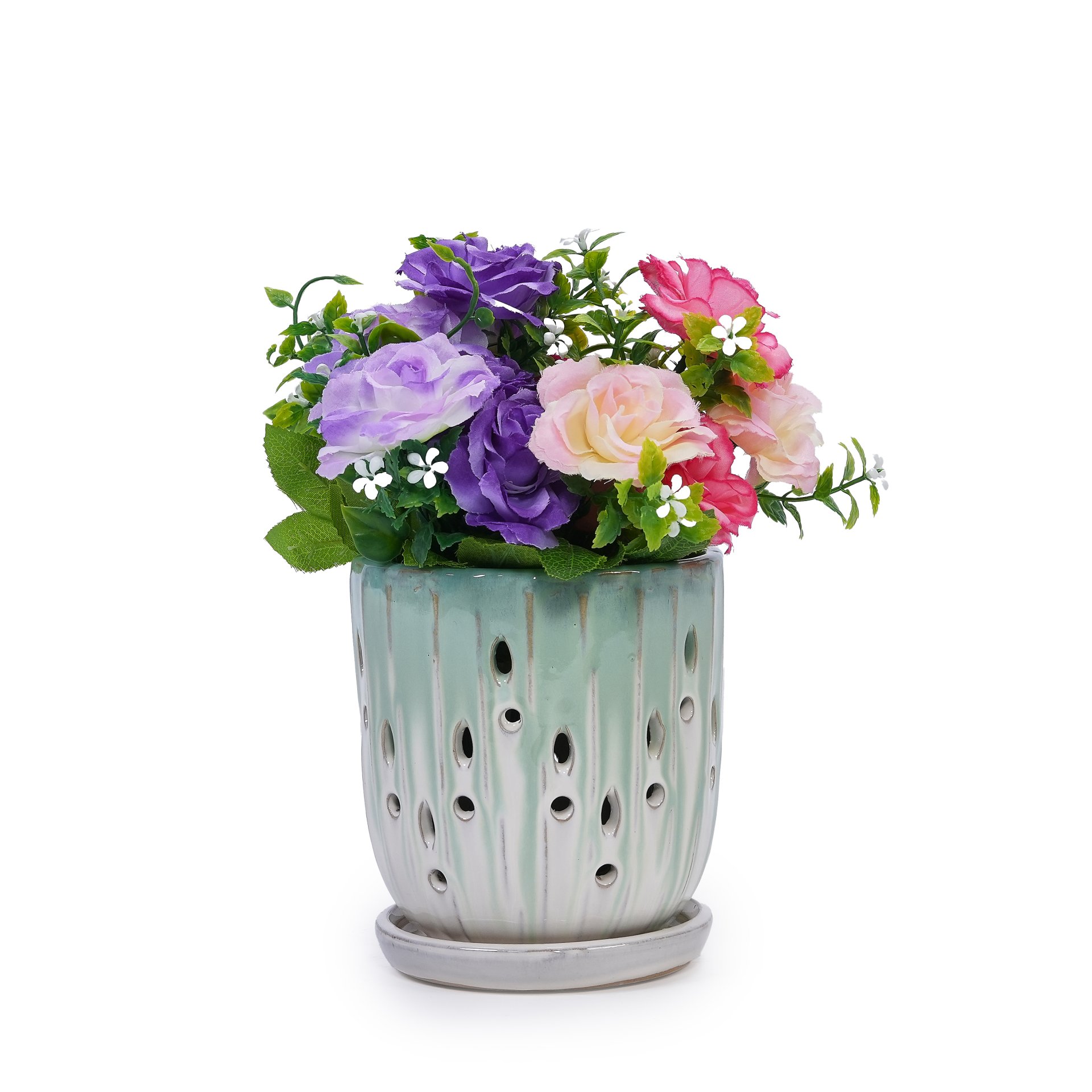 Ceramic Flowerpot With Drainage Hole, 8" Planter For Patio, Garden, Windowsill (Set of 2) - White / Green - Image 7