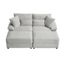 Double Chaise Lounge Set With Reversible Ottoman Soft Corduroy Fabric, Storage Ottomans, USB Port - Gray