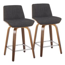 Corazza - Mid-Century Modern Fixed Height Counter Stool With Swivel With Square Footrest (Set of 2) - Walnut / Charcoal