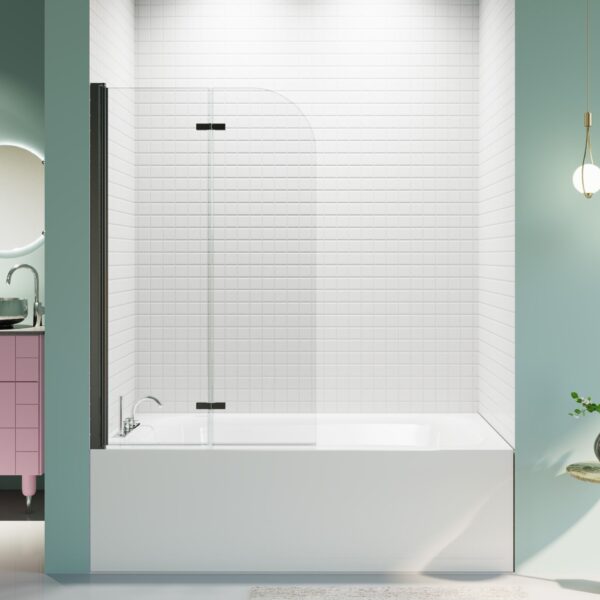 Frameless Folding Pivot Bathtub Door With Clear Tempered Glass - Black