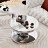 Luxury Double Tier Round Mirror Coffee & End Table With Fluted Glass Modern Sofa Side Table - Silver / Glass - Image 5