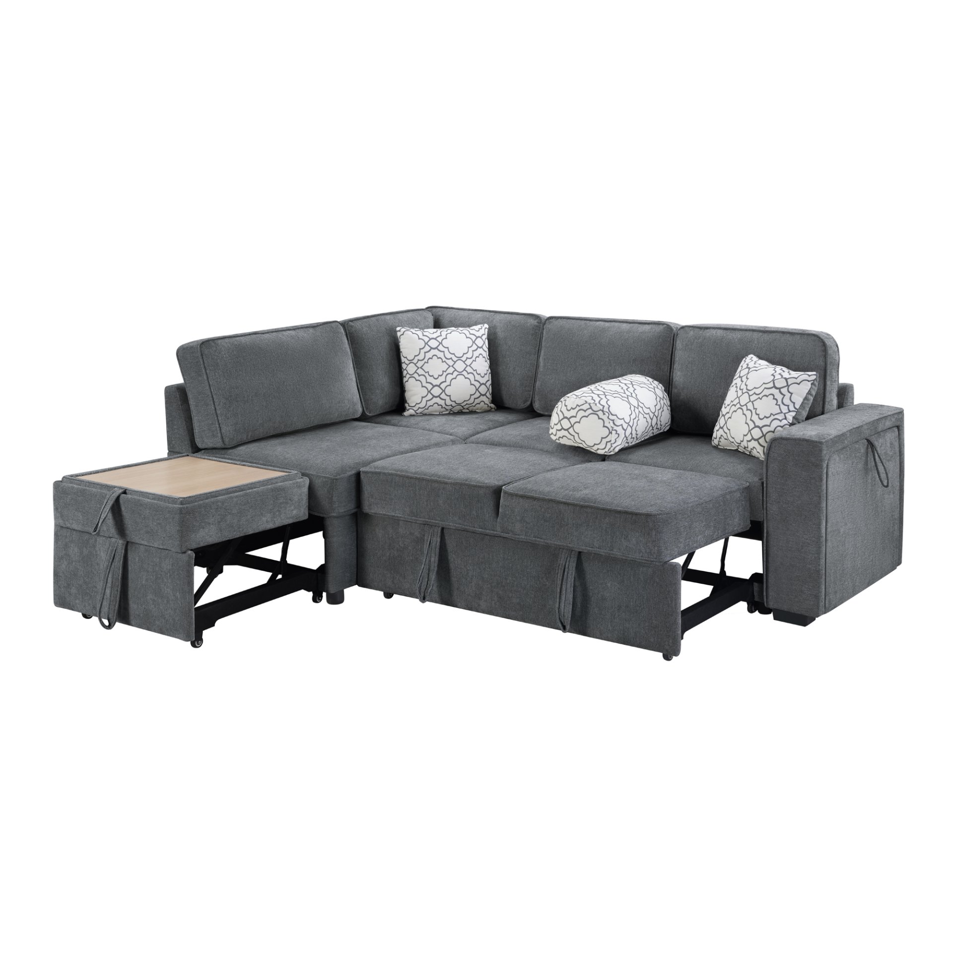 Convertible Sectional Sofa Bed Shaped Sofa With Dual Pull Out Sleepers, Flip Top Table, USB Ports, Cup Holder & Storage - Dark Gray - Image 9