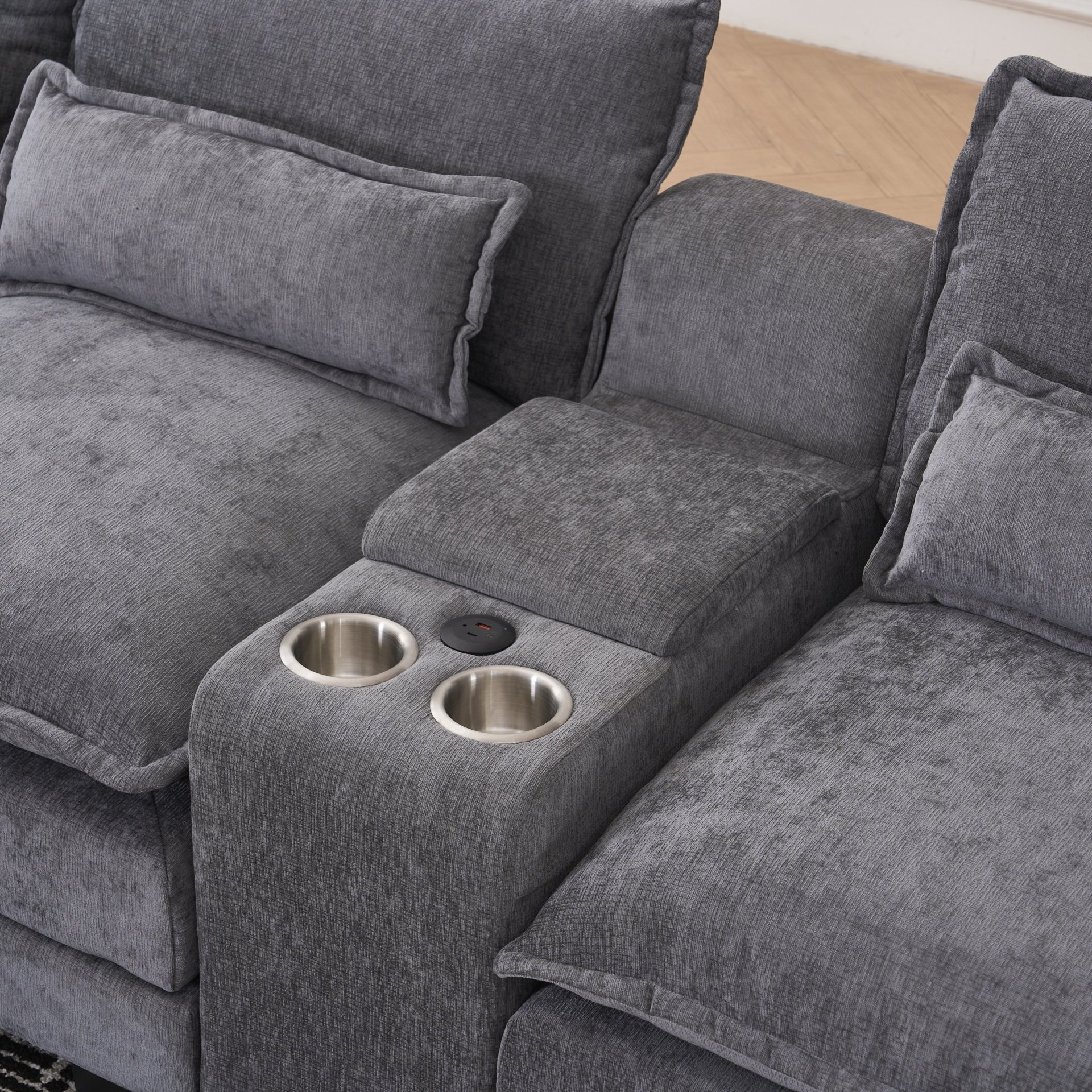 U Shaped Sofa With Console, Cupholders, USB Ports, 6 Seat Upholstered Symmetrical Sleeper Couch - Gray - Image 15