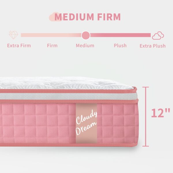 12" Full Size Hybrid Mattress 7 Zoned Individual Pocket Spring Memory Foam Cool Knitted Cover - Pink