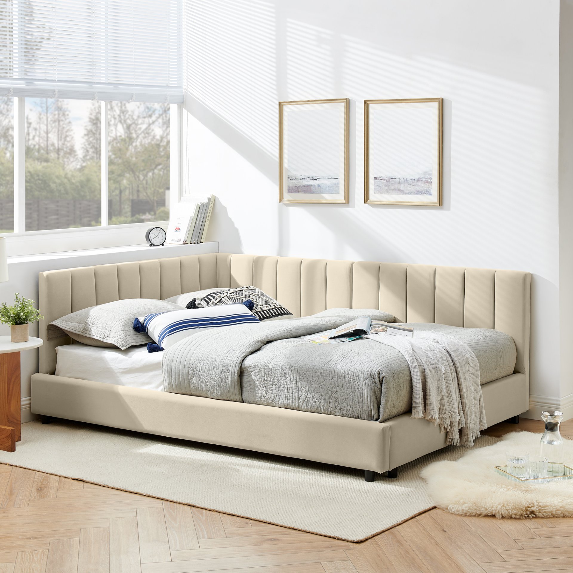 Mid Century Velvet Upholstered Full Size Tufted Bed Frame With Backrest And Armrests - Beige - Image 4