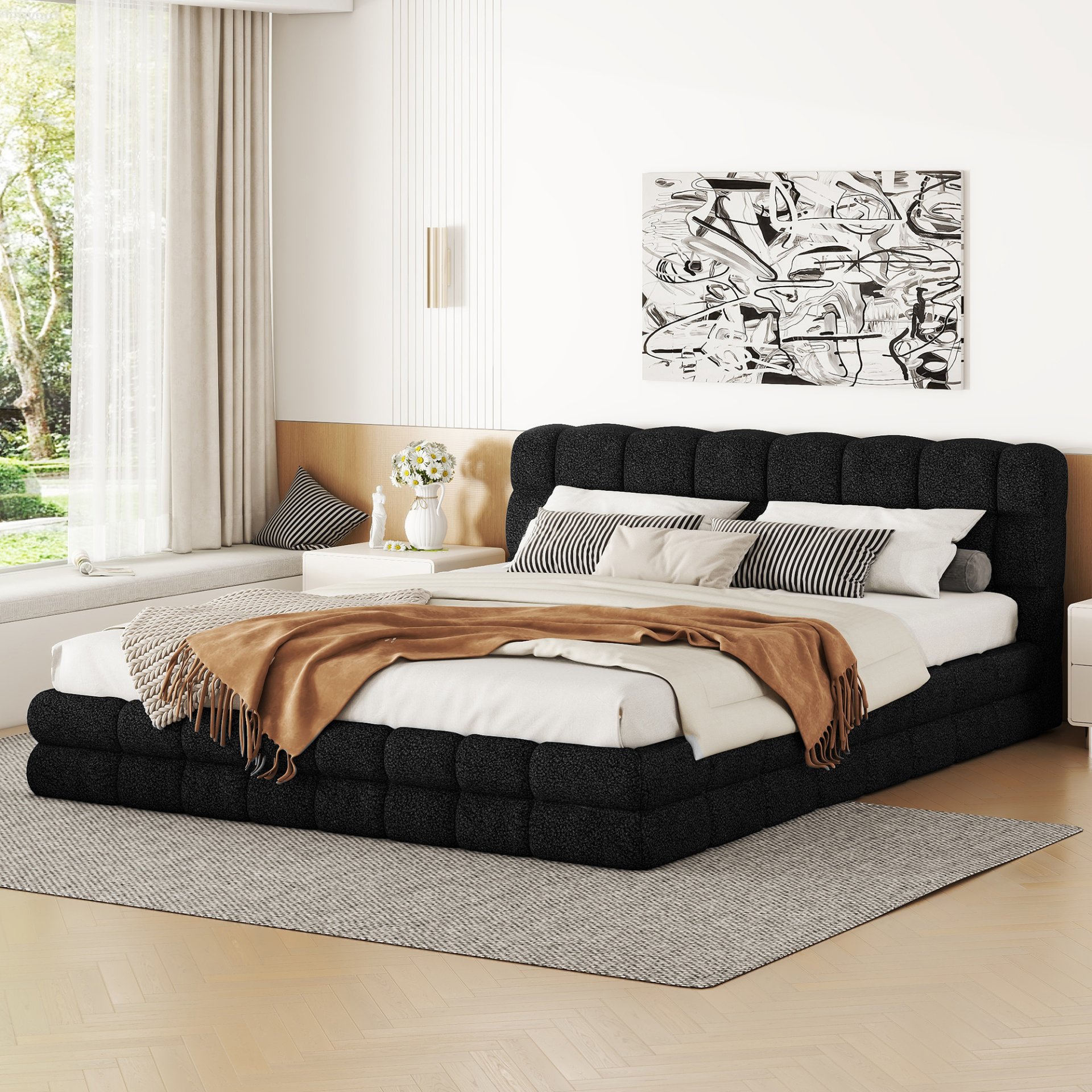 Queen Size Upholstered Platform Bed - Black - Image 4