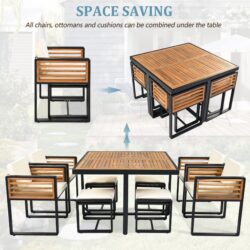 18 Pieces Acacia Wood Patio Dining Set, Space Saving Outdoor Patio Set, 8 Cushioned Chairs & 8 Ottomans & 2 Square Table, For Backyard, Garden, Deck And Poolside - Beige