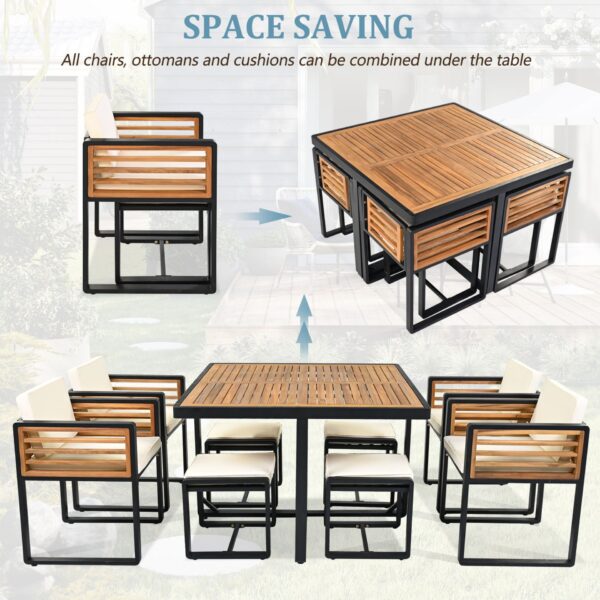 18 Pieces Acacia Wood Patio Dining Set, Space Saving Outdoor Patio Set, 8 Cushioned Chairs & 8 Ottomans & 2 Square Table, For Backyard, Garden, Deck And Poolside - Beige