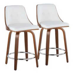 Gianna - Mid-Century Modern Fixed Height Counter Stool With Swivel With Round Footrest (Set of 2) - Walnut / White