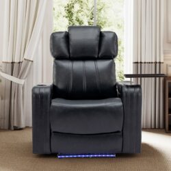 Power Recliner With Cooling Cup Holder, Bluetooth Speaker, LED Lights, And Tray Table - Black