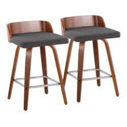 Maya - Mid-Century Modern Fixed Height Counter Stool & Swivel With Square Footrest (Set of 2) - Walnut / Charcoal