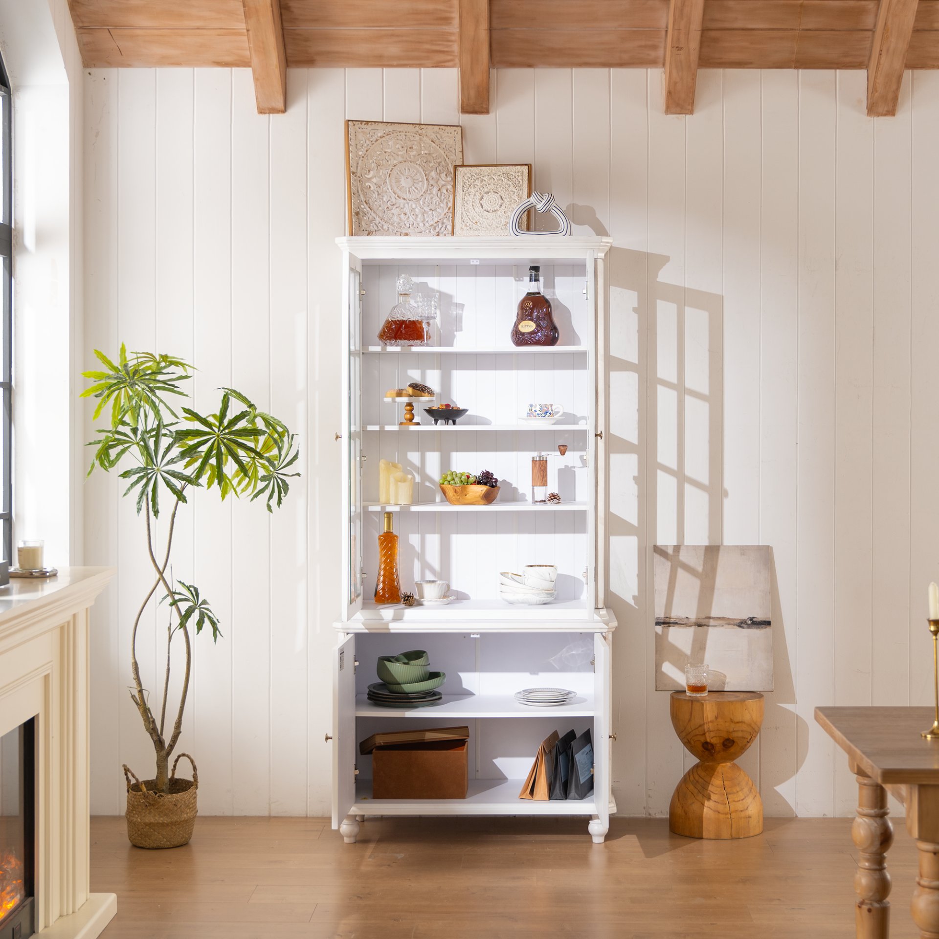 Vintage Display Cabinet With Double Glass Doors, Traditional Style Hutch For Home Or Workspace Washed - White Washed - Image 9