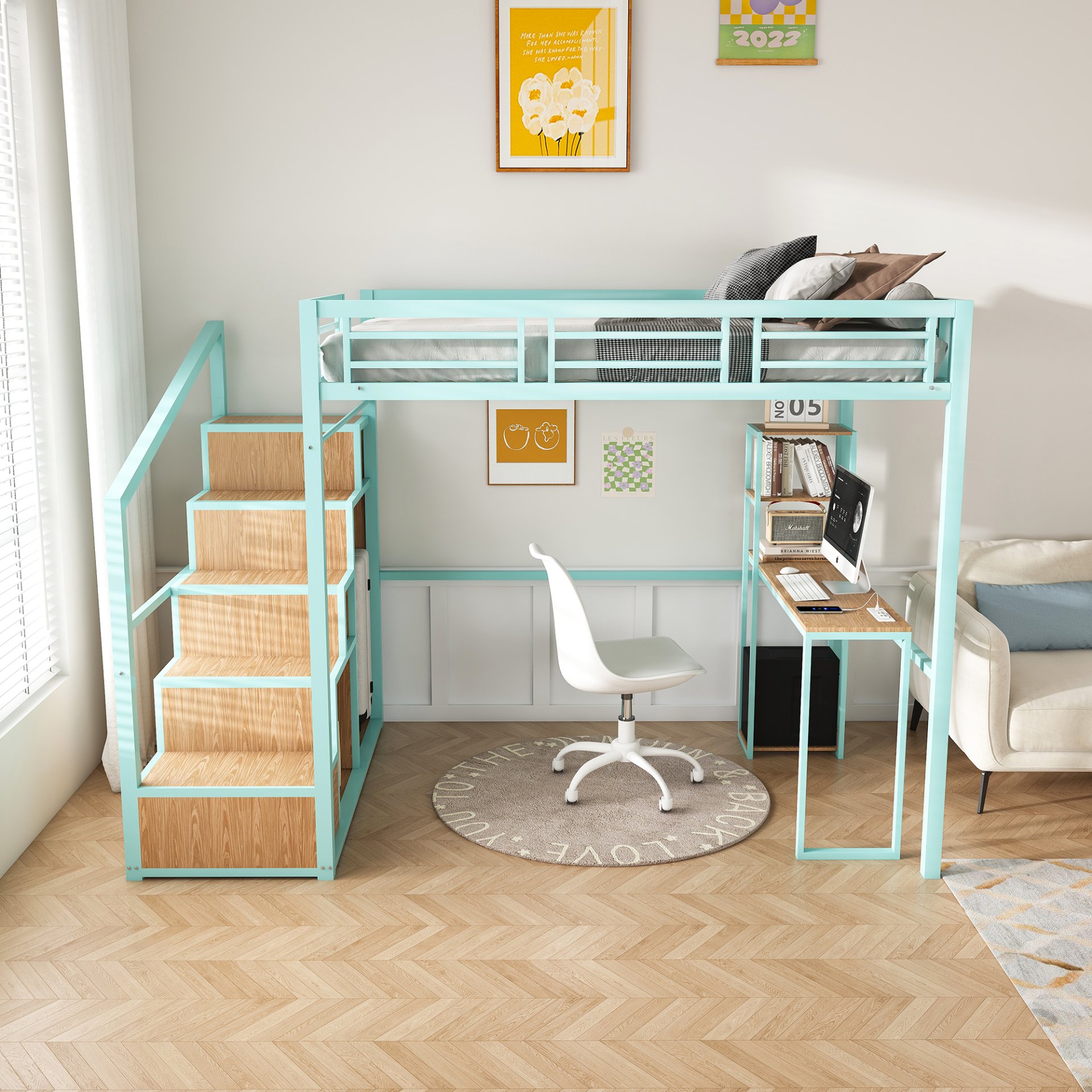 Heavy Metal Frame Full Loft Bed With Desk & Storage, 4 Cabinets, Staircase, Rack Space Saver - Green - Image 2