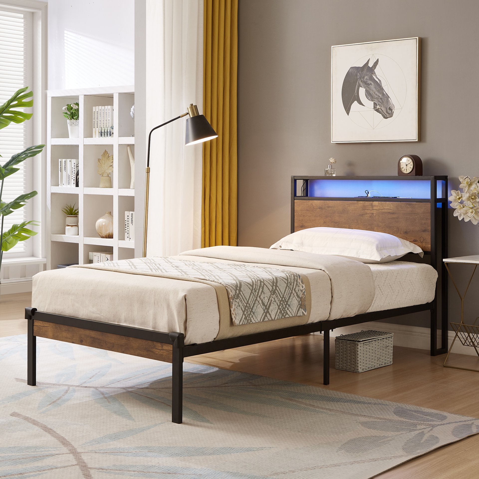 Twin Size Metal Platform Bed Frame With Wooden Headboard And Footboard With USB Liner, LED Lights, No Box Spring Needed, Large Under Bed Storage - Brown - Image 5