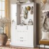 Entryway Bench With Integrated Shoe Cabinet, 3 In 1 Design And Mirrored Cabinet Door, Hall Tree With 4 Sturdy Hooks And Foldable Seat For Entrance, Living Room - White - Image 5