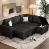 Sectional Pull-Out Sofa Bed L-Shaped Corner Sofa Couch With Storage Chaise, USB Ports, Power Sockets, Cup Holder For Living Room, Bedroom, Study - Black - Image 4