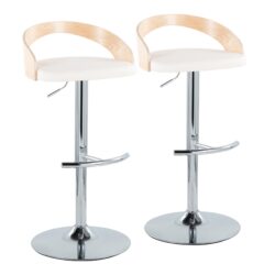 Grotto - Contemporary Adjustable Barstool With Swivel With Rounded T Footrest (Set of 2) - Chrome / Natural / White