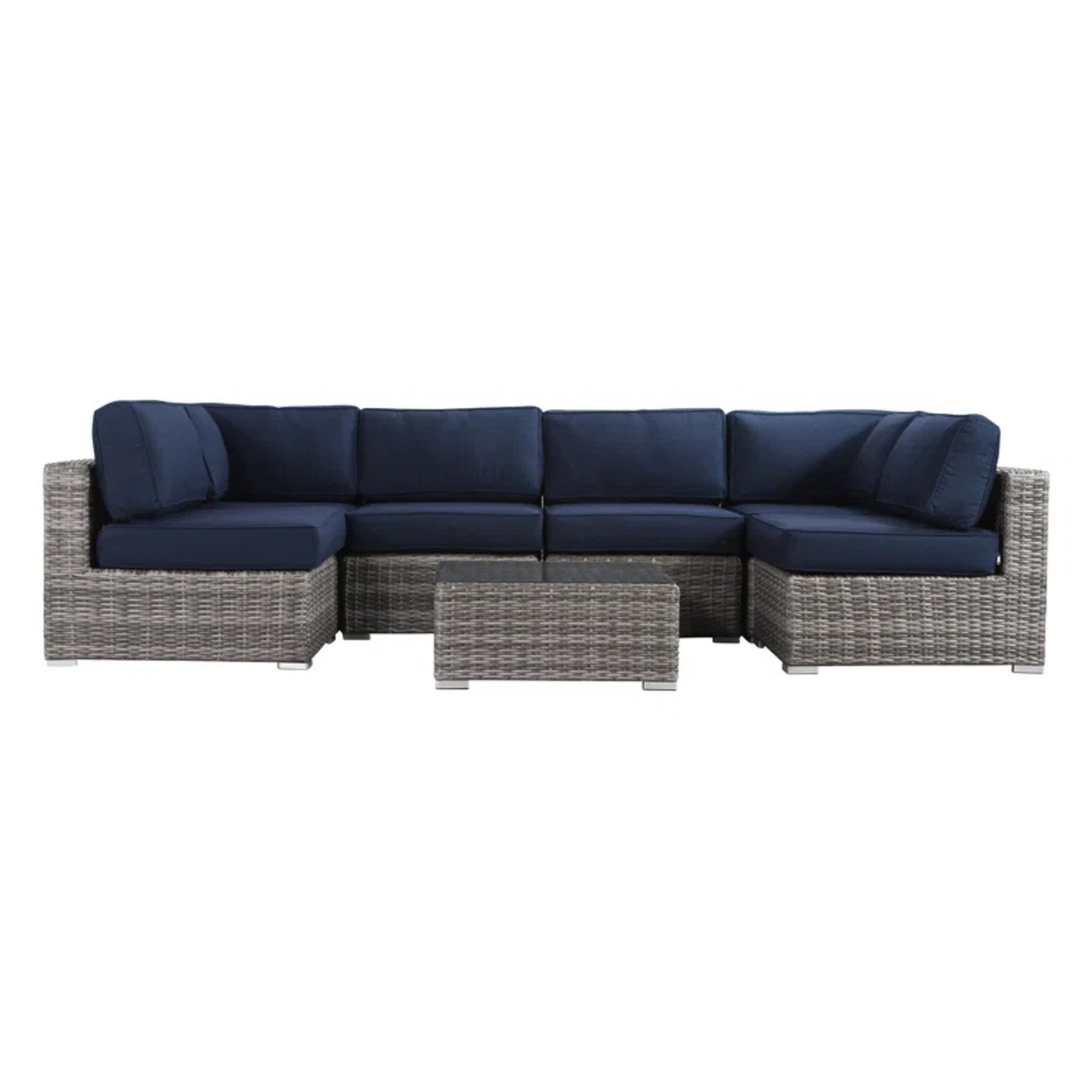 6 Person Outdoor Sofa Set With Premium Cushions, All Weather Wicker - Dark Blue / Gray Mix - Image 6