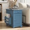 Vintage End Table Flip Top Side Table With USB Ports, 1 Multifunctional Drawer With Cup Holders, Sofa Couch Table With Bookshelf For Living Room And Small Space - Navy Blue - Image 4