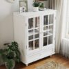 Buffet Cabinet With Double Glass Doors And Drawer, Storage Sideboard Cupboard For Living Room - White - Image 7