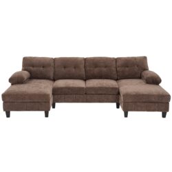 Modern U Shaped Sectional Sofa With Dual Chaise Lounges Storage Pockets And Armrest Pillows - Brown