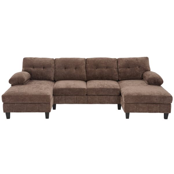 Modern U Shaped Sectional Sofa With Dual Chaise Lounges Storage Pockets And Armrest Pillows - Brown