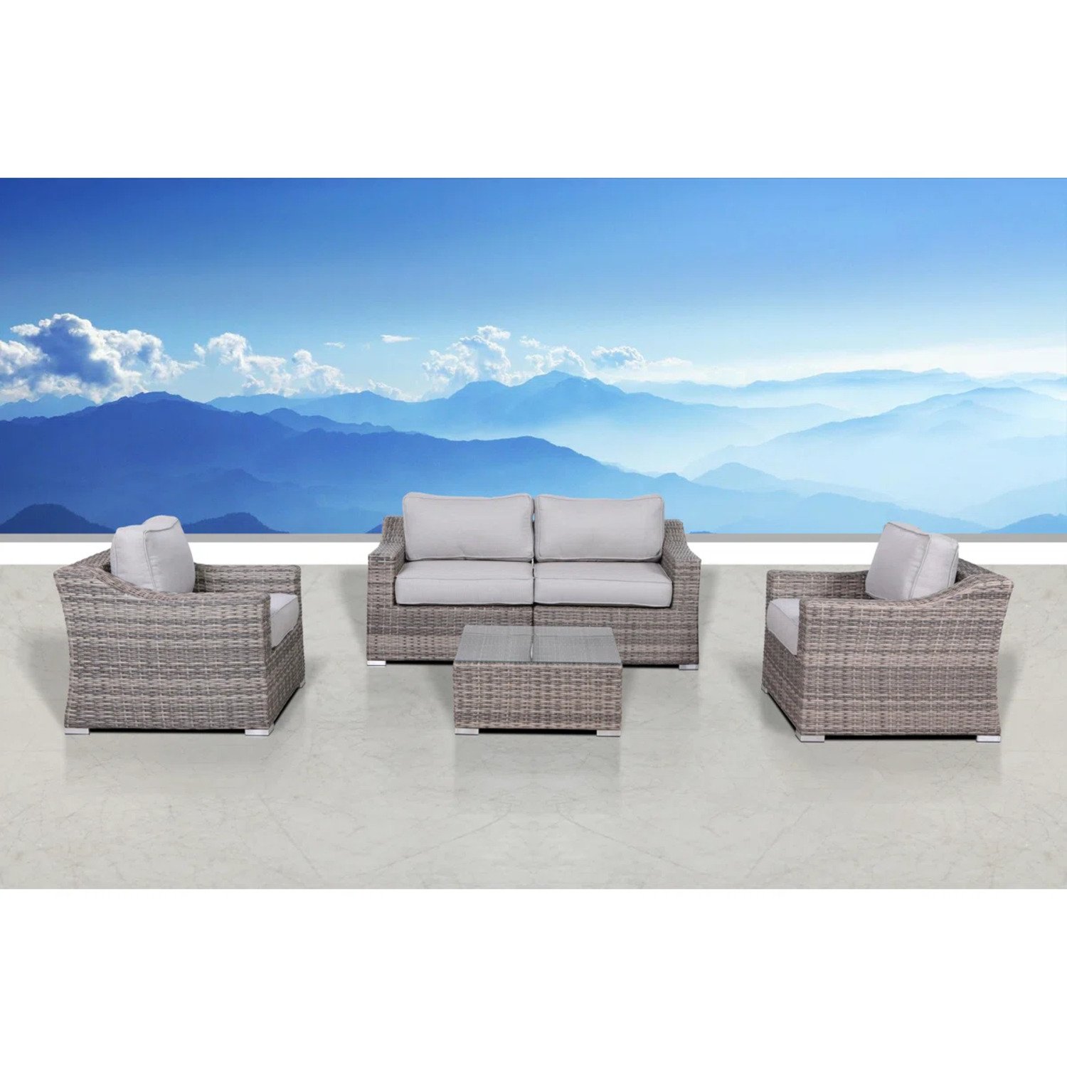 4 Seater Wicker Conversation Set With Cushions, All Weather - Gray Mix - Image 4
