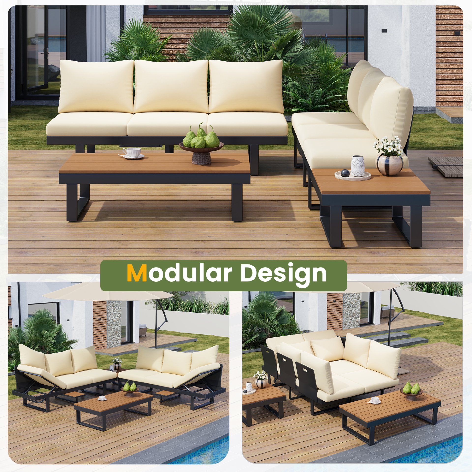 Outdoor Sectional Sofa Set With Adjustable Reclining Seats For Backyard - Beige - Image 10