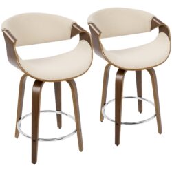 Curvini Mid-Century Modern Fixed Height Counter Stool With Swivel (Set of 2) - Walnut / Cream