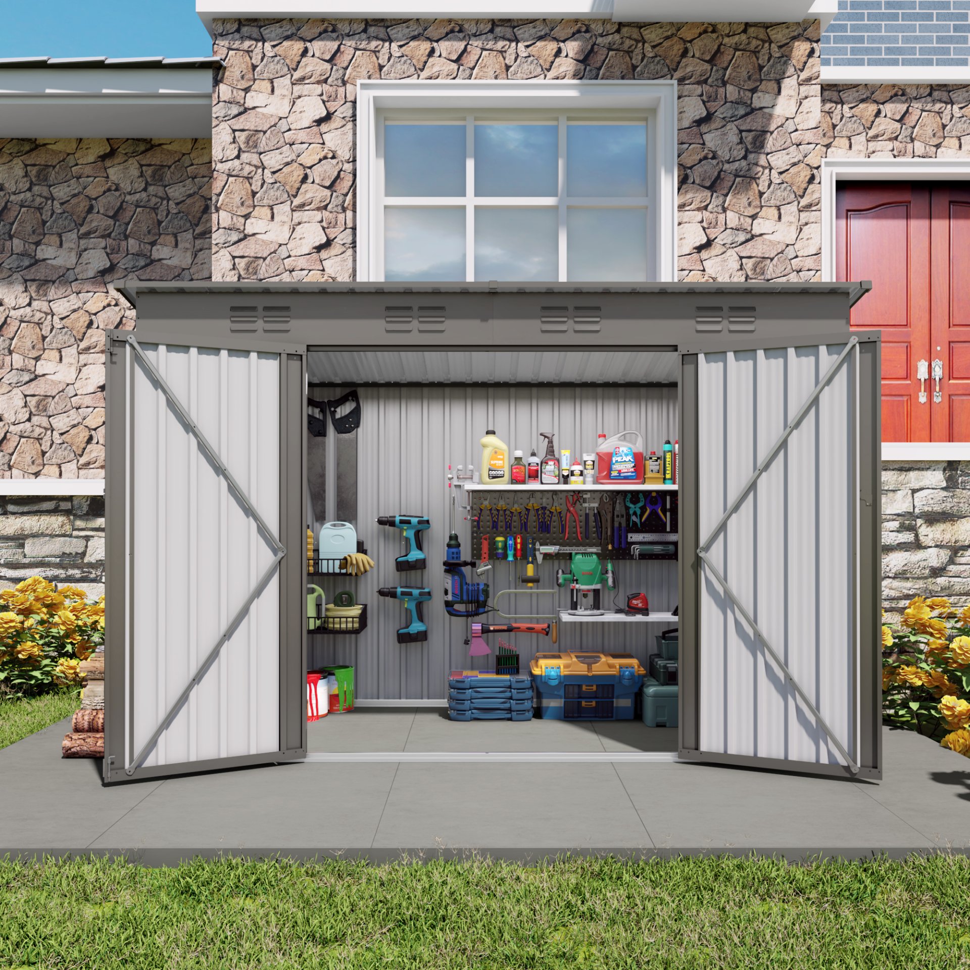 Outdoor Storage Shed 4 X 9 Ft With Sloping Roof And Vents For Garden And Patio - Gray - Image 14
