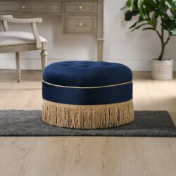 Yolanda - Round Upholstered Accent Ottoman - Navy Blue / Gold