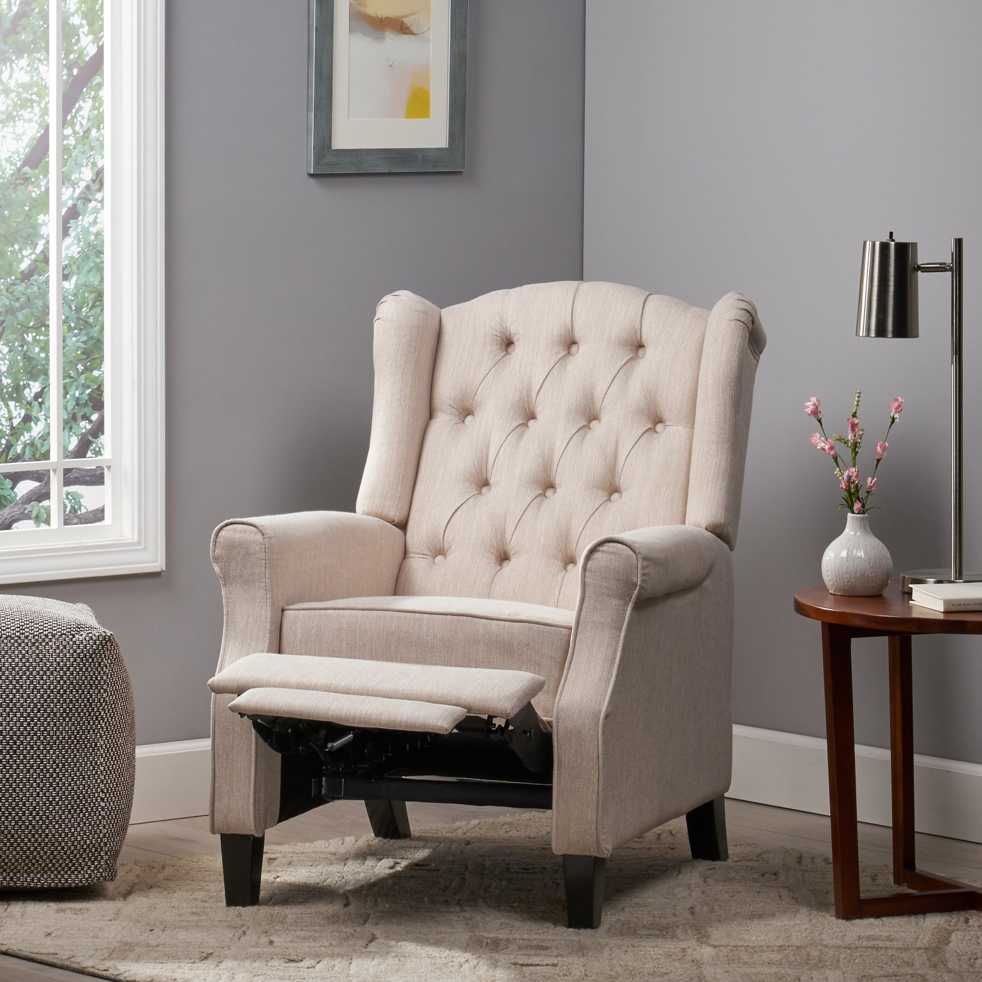 Contemporary Tufted Fabric Push Back Recliner - Beige - Image 6
