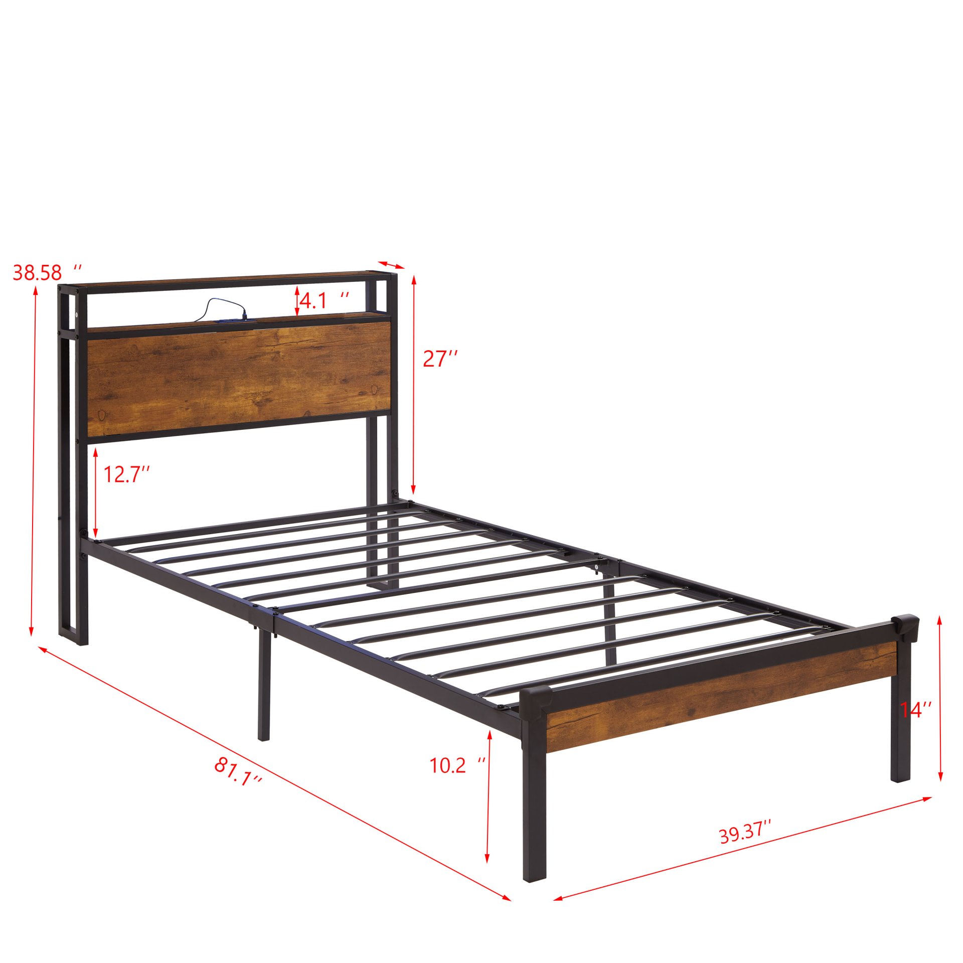 Twin Size Metal Platform Bed Frame With Wooden Headboard And Footboard With USB Liner, No Box Spring Needed, Under Bed Storage - Brown - Image 3