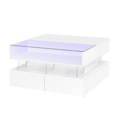 Lift Top Coffee Table With 2 Drawers, Hidden Space And LED Lights For Living Room - White
