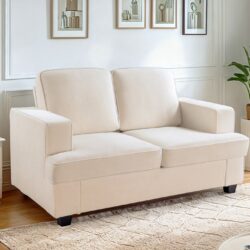 Modern Loveseat, Comfortable 2 Seater Couch With Deep Seating, Loose Back Cushions, Wide Arms - Ivory