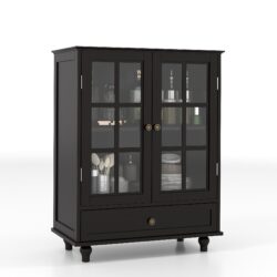 Buffet Cabinet With Double Glass Doors And Drawer, Storage Sideboard - Black