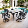 7 Piece Modern Outdoor Patio Dining Set With Table And Swivel Chairs Rockers With Sunbrella Cushions - Ember Black / White - Image 2