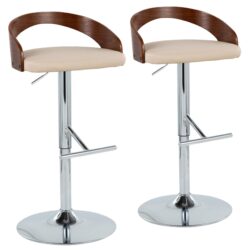 Grotto - Mid-Century Modern Adjustable Height Barstool With Swivel With Straight T Footrest (Set of 2) - Chrome / Walnut / Cream
