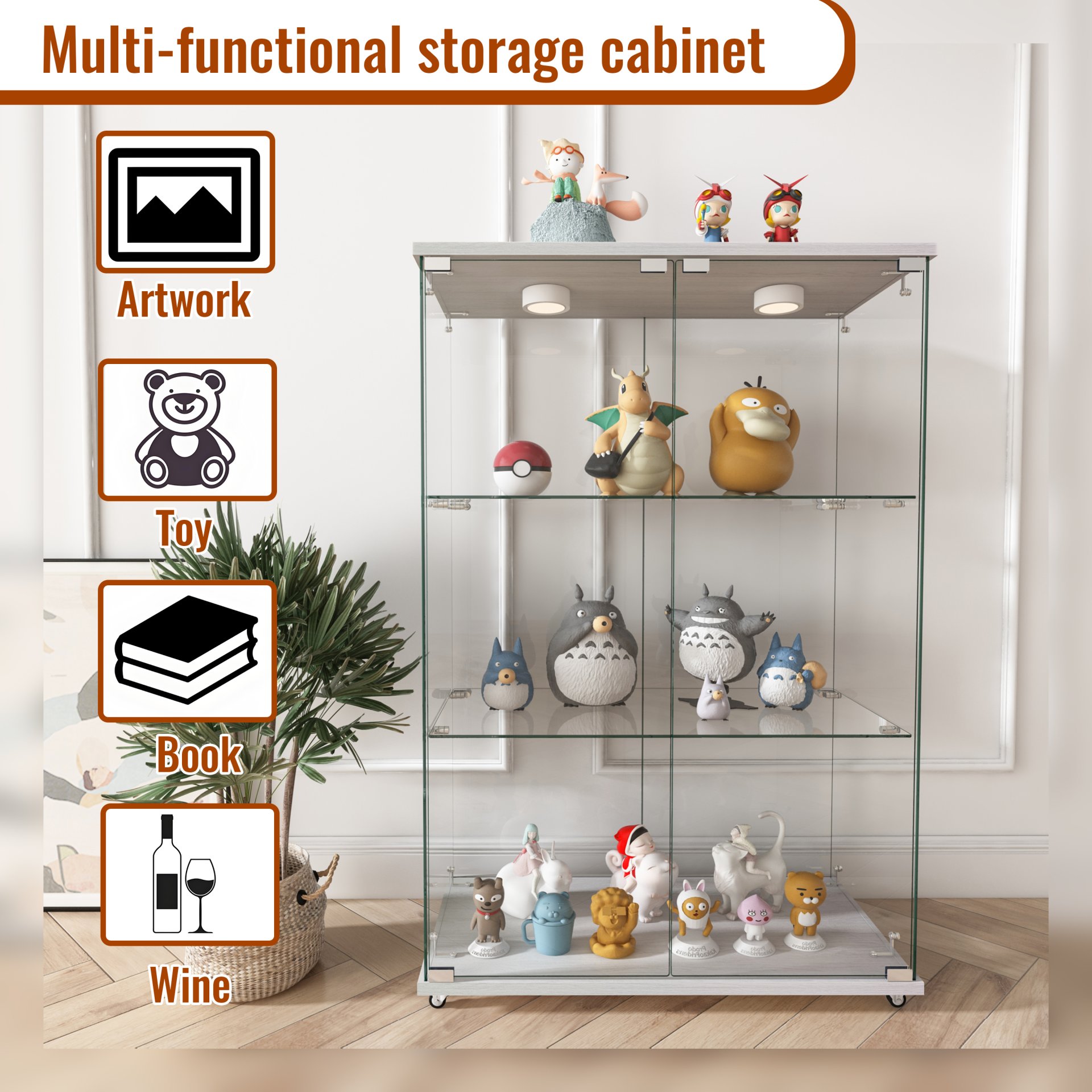 Modern Display Cabinet With LED Lights, Tempered Glass 2 Door Storage Case With 3 Shelves For Living Room - Transparent - Image 14