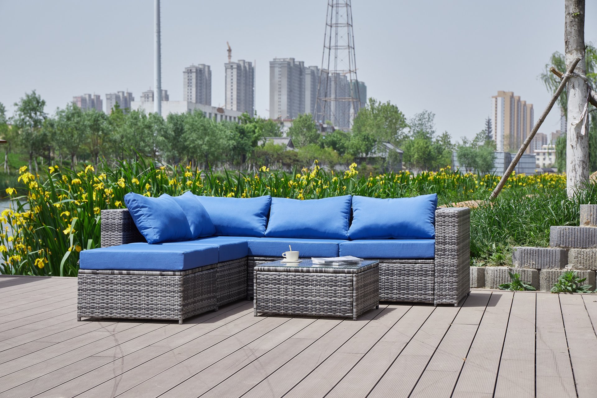 Luxurious Comfort Patio Sofa With Cushions - Blue / Gray - Image 7