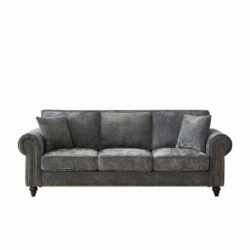 3 Seater Sofa With Tufted Upholstery, Rolled Arms, Nailhead Trim - Gray