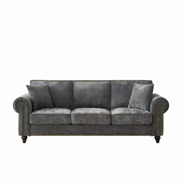 3 Seater Sofa With Tufted Upholstery, Rolled Arms, Nailhead Trim - Gray